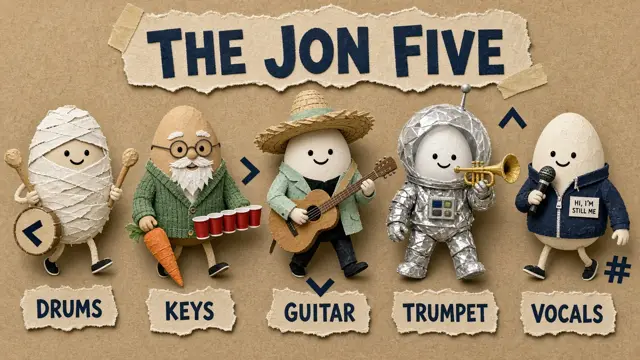 The Jon Five: five egg people with drums, keys, guitar, trumpet and a microphone