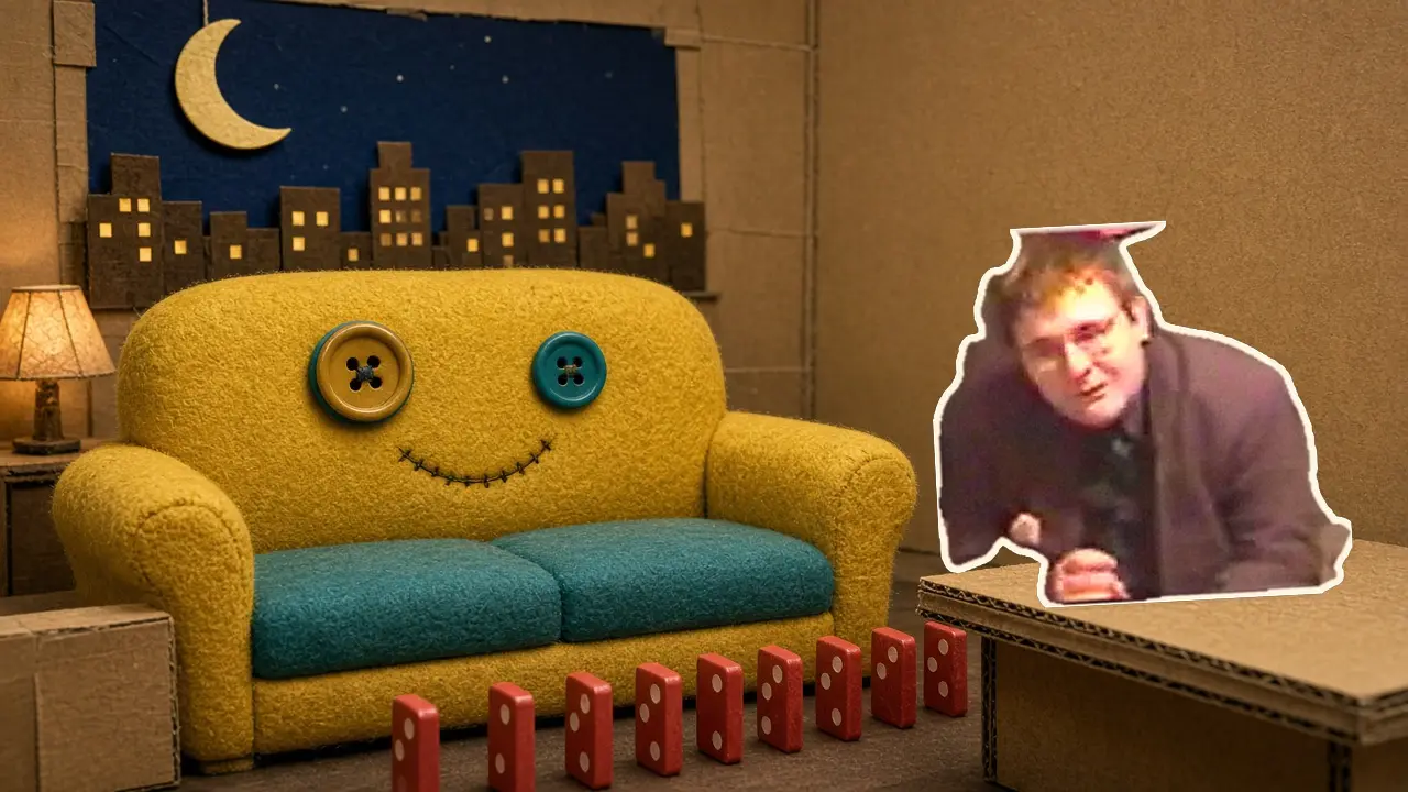 Chester the mustard couch beside Jon's photo cutout