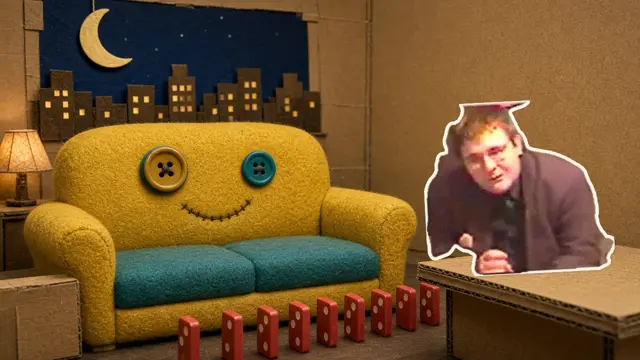 Chester the mustard couch with mismatched button eyes, with Jon's photo cutout beside him