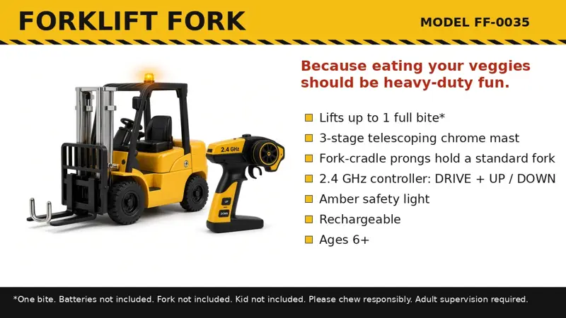 The Forklift Fork, a tiny yellow forklift that lifts a fork, with its product card