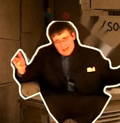 Jon, a real photo cutout, waving from a cardboard armchair
