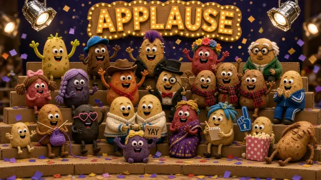 A cheering audience of cartoon potatoes under an Applause sign