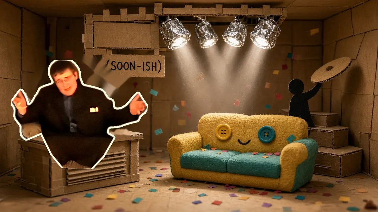 Camera 1: wide shot of the cardboard studio